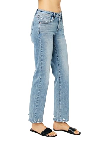 Judy Blue Women's Mid Rise Medium Wash Distressed Straight Leg Jeans3