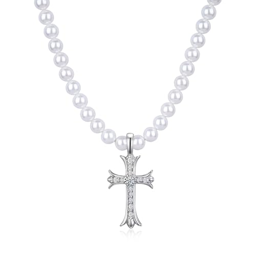 GAVU Shell Pearl Necklace for Men, Pearl Beaded Cross Necklace for Men