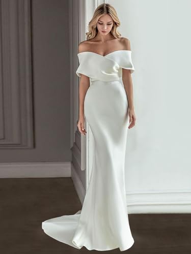 Satin Mermaid Wedding Dresses for Bride Off Shoulder Beach Wedding Dress with Detachable Train4