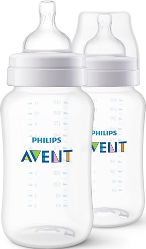 Image of Philips Avent Anti-Colic Baby Bottle with AirFree Vent, Fast Flow, 11 oz | For Ages 3 Month+, Reduces Colic, Gas & Reflux, Flow 3 Nipple with Secure Latch System, BPA-Free, 2-Pack, Clear, SCY106/02
