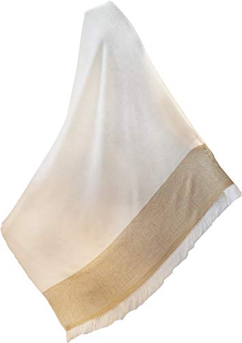 Large Silk Wool Jamavar Shawl White-on-White & Gold Reversible Paisely Pashmina