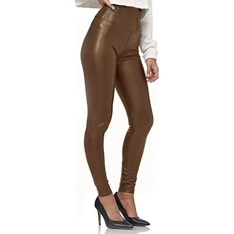 Glamexx24 Women's Faux Leather High Waist Leggings Skinny Trousers Leather Look Treggings, Wide waist brown, M Cover