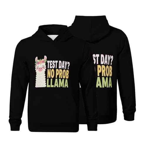 Kids Funny Test Day No Prob Llama Teacher Testing Boys Girls Lightweight Kangaroo Pocket Fleece Hoodies