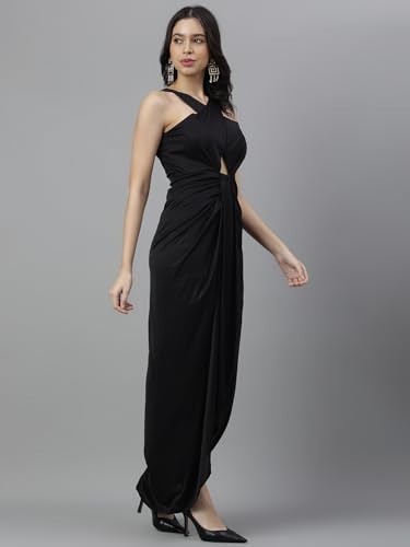 Image of Women's Elegant Draped Halter Neck Gown - Stylish Front Knot Cut-Out Evening Dress with High Slit - Outfit for Parties, Weddings & Special Occasions