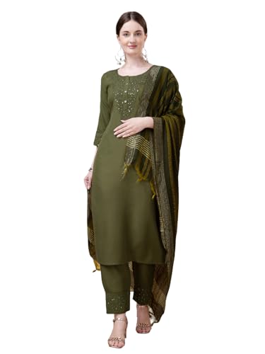 Image of Women's Elegant Cotton Blend Kurta Pant Dupatta Set with Embroidery - Fully Stitched