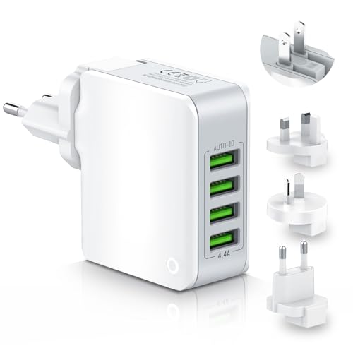 Adaptador Enchufe de Viaje Universal 4 USB Adaptador Enchufe, Cargador USB Multiple 22W...