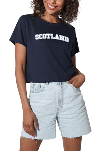 Popfunk Scotland Country Pride Varsity Arch Futbol Soccer Fan Team Color Womens Crop Top T-Shirt Navy Medium