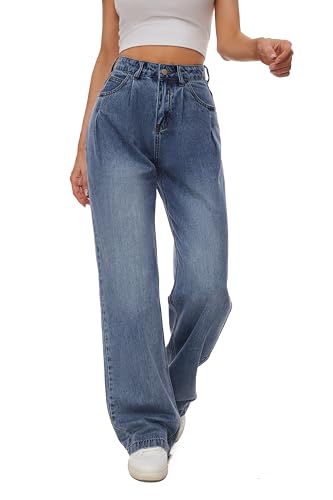 Women Straight Ankle Jeans Casual Loose High Waist Solid Denim Pants