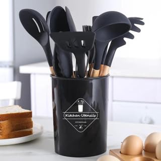 Jogo Utensílios Cozinha Silicone Cinza/Grafite Cabo Madeira Antiaderente Alta Temperatura Kit 12 Peç