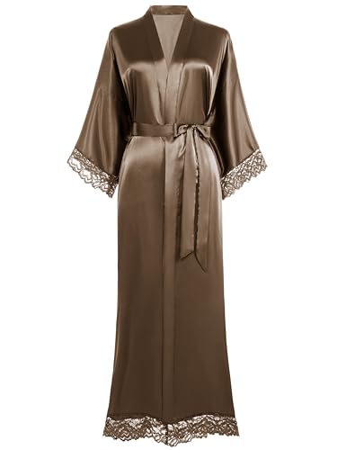 Image of BABEYOND Satin Kimono Robe Silky Long Bridesmaid Wedding Lightweight Bath Robe with Lace Trim