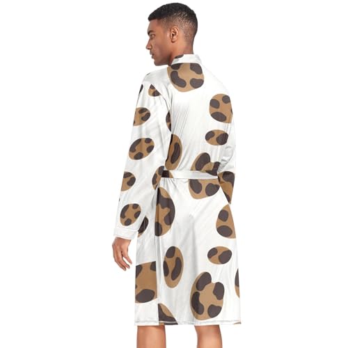 Brown Leopard Pattern on White Mens Night-Robe Lightweight Soft Bathrobe Sleepwear with Pockets2