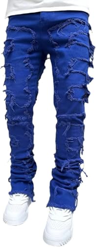 Men's Black Stacked Jeans Ripped Jeans Y2K Patch Distressed Destroyed Denim Trousers Streetwear Stacked Pants4