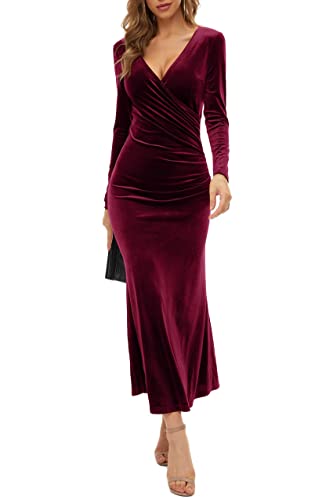 Damen Paket Hip Rock V-Ausschnitt Slim Business Mid-Waist Langarm Samt Fishtail Kleid Abendkleid