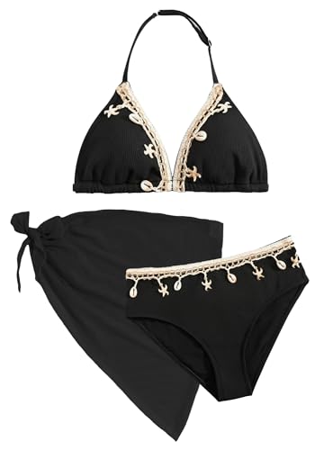Maeau Bikini - Traje de baño de 3 piezas para niña de 8 a 12 años, parte superior de bikini+bragas+falda, conjunto de natación, playa, piscina, 01 negro., 11 años