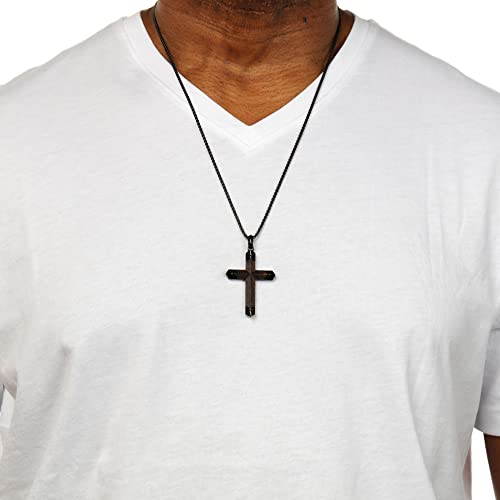 Metro Jewelry Ebony Wood Cross Pendant Necklace For Men In Stainless Steel With Black Ion Plating 24 Inches Long Box Chain #TOP4