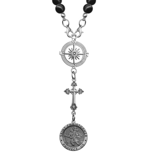 St Christopher Car Rearview Mirror Decor Medal with Car Rosary Keychain Charm Saint Christopher Cross Hanging Accessories (St Christopher 01)