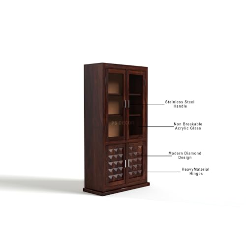 Image of Solid Sheesham Wood Book Shelf with Acrylic Glass Doors and Storage Cabinet | Rosewood Display Unit with 4 Doors for Living Room & Office (Walnut Finish)