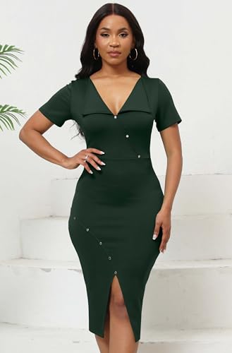 Image of Fooullaide Women's Sexy Bodycon Mid Dress Stretch Short Sleeve V Neck Cocktail Party Dresses