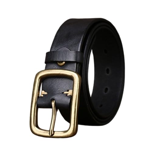 Vintage Full Grain Leather Belt for Men,Genuine Handcrafted Cowhide with Brass Buckle, Classic Unisex Casual Waist Strap(125cm/49, Black)