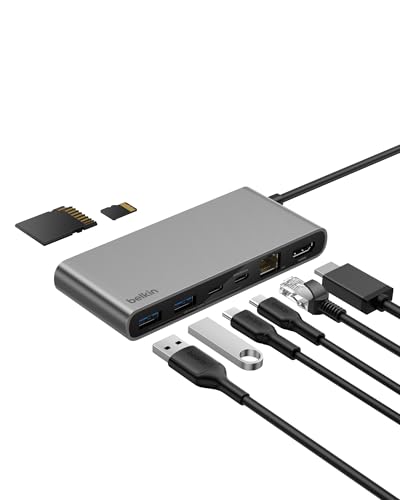 Belkin Connect 8-in-1 USB C Hub, Bildschirmauflösungen bis zu 4K bei 60 Hz – geeignet für Mac-, Windows- und Chromebook-Laptops; 100 W PD; Datentransfer mit 10 Gbit/s; 2,5-Gbit/s Ethernet – Grau