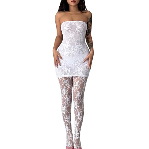 2024 Conjunto de mujer sexy de encaje con pecho envolvente, calcetines ajustados, falda corta, Blanco, L