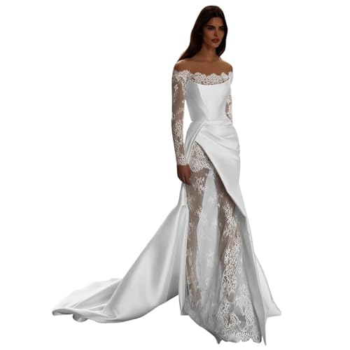 Off Shoulder Satin Wedding Dresses Mermaid Lace Long Sleeve Bridal Gowns with Train for Brides