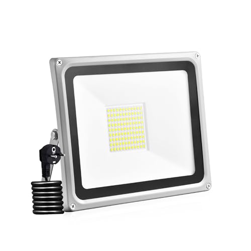 LED Strahler, Papasbox 100W LED Fluter IP65 wasserdicht Außenstrahler Flutlichtstrahler Aluminium Scheinwerfer Licht 6000K,EU Stecker, ideale Wandleuchte für Garten, Sportplatz
