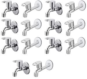 Spazio Stainless Steel Prime Bib Cock with Long Body Combo Pack Foam Flow Water Taps with Wall Flange (Pack of 7) (Chrome Plated, Brass Disc)