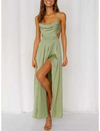 Image of Women's Satin Cowl Neck Backless Maxi Dress Sexy Tie Back Spaghetti Strap Ruched Wedding Guest Slit Long Dresses
