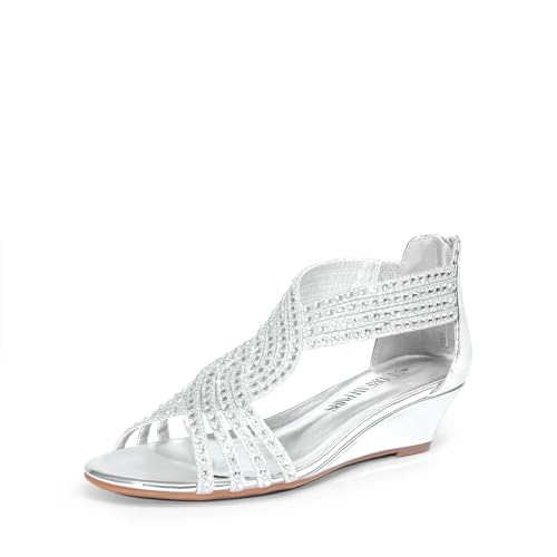 DREAM PAIRS Women's Open Toe Low Wedges Sandals, Rhinestone Strappy Zipper Dress Shoes, Summer Wedding Party Travel Shoes 6 Silver-pat