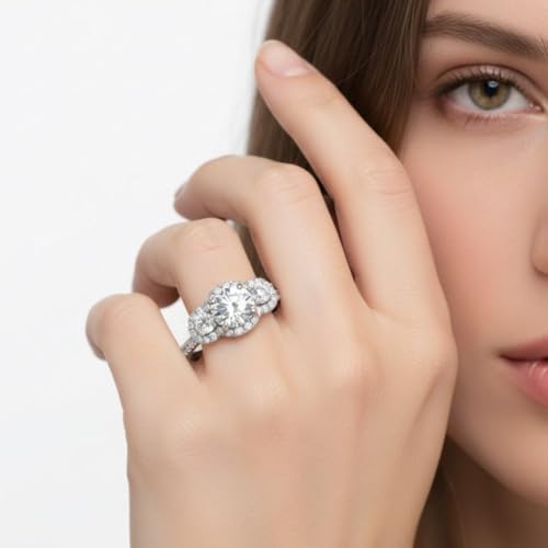 Image of 55Carat Choose Your Gemstone Delicate 3 Stone Halo Diamond CZ Ring Sterling Silver Round Shape Halo Engagement Rings Everyday Jewelry Wedding Jewelry Handmade Gifts for Wife US Size 4 to 12