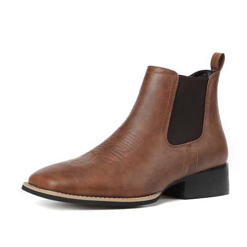 Rvminyta Cowboy Boots for Men Square Toe Chelsea Boots Mens Western Ankle Boot Slip On Casual Dress Boot