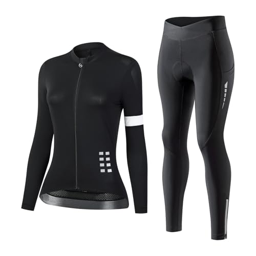 XYMCX Conjunto de Maillot de Ciclismo para Mujer - Traje de MTB de Manga Larga Transpirable con Almohadilla de Gel 5D Reflectante, Secado rápido, Acolchado, para Entrenamiento,Black-x_l