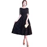 [EightSTAR Dress] パーティードレス 袖あり 結婚式 ワンピース 半袖 レース ミモレ丈 お呼ばれドレス Aライン 黒 オケージョンドレス 発表会 20代 30代 40代 (JP, アルファベット, M, ブラック)