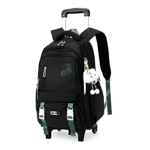 GRUOTEIS Black Rolling Backpack for Girls Boys Elementary Middle School Bags, Kids Wheeled Boys Girls Backpack with 2 Wheels, Black