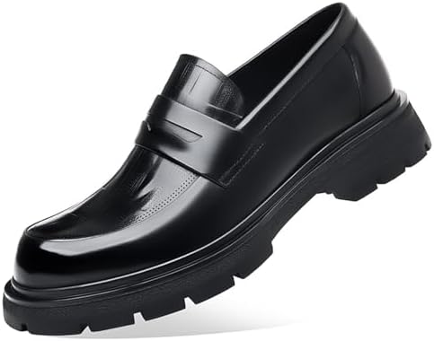 Men's Luxury Genuine Leather Platform Chunky Slip-on Penny Loafers Fashion Round Toe Lug Sole Patent Business Dress Shoes Classic Non-Slip Party Wedding Prom Work Shoes