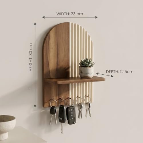 Image of Home Sparkle Wall Mounted Key Holder for Home Entrance with Shelf | Premium MDF Wood Organizer with Paint Finish | Modern 5 Hooks for Keys Small Planter & Decorative Essentials | Walnut & Ivory White