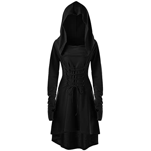 CNVAUIE Renaissance Kostüm Damen Gewand Mittelalterliches Kapuzenkleid Gothic Kleid Cosplay für Halloween Karneval (schwarz, M)
