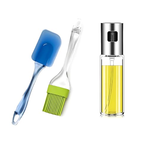 Image of Oblivion Oil Sprayer Dispenser Glass Bottle for Cooking and Multi-use with Silicone Spatula and Pastry Brush Set for Cake Mixing Baking Grilling and oiling Kitchen Combo for Home and Professional use