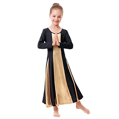Metallic Gold Praise Dance Dresses for Girls Liturgical Lyrical Color Block Full Length Swing Gown Loose Fit Robe Ruffle Tunic Circle Skirt Long Sleeve Worship Dancewear Ballet Costume Black 3-4Y