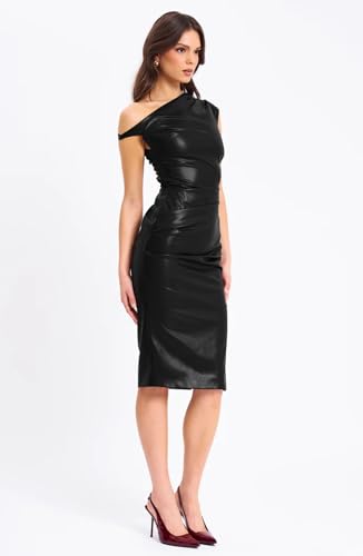 Memoriesea Women's Faux Leather One Shoulder Bodycon Hem Split Party Club Midi Dress4
