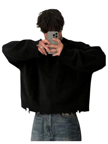 Men's Grunge Y2k Ripped Sweaters Crew Neck Long Sleeve Knit Baggy Pullover Tops Casual Jumper Knitwear