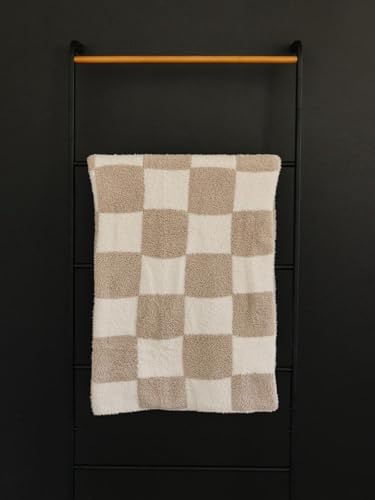 Image of Mebie Baby Taupe Checkered Plush Lovey Blanket 15x20 - Soft, Lightweight, Breathable | Available in Two Sizes