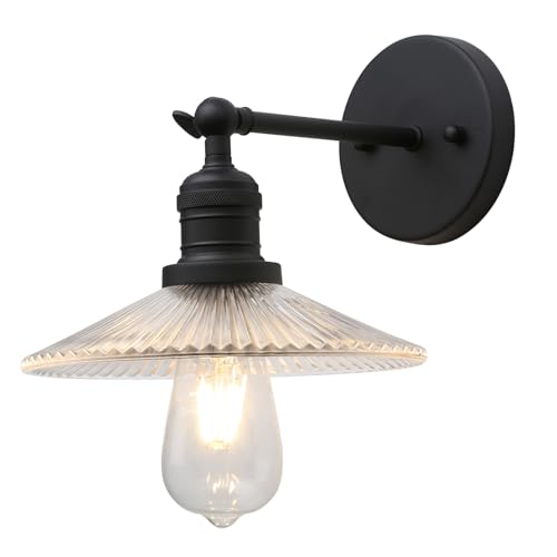 JIMUBEAM Lampada da parete vintage industriale a 1 luce con paralume in vetro trasparente a coste a imbuto, applique da parete per interni per soggiorno camera da letto bagno sopra lavello da cucina