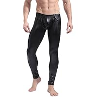 BaronHong Pantalones Ajustados de Cuero sintético para Hombre Pantalones Largos de Mallas metálicas para Club Nocturno para Hombre (Negro, L)