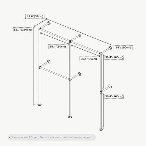 Industrial Pipe Clothing Rack, Heavy Duty Wall Mounted Clothes Rack, Retail Display Hanging Garment Rod for Laundry Rooms, Closet Storage, 14.6x75x82.7 Inches, Model K02