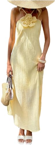 Image of Yiulangde Women's Backless Smocked Maxi Dress Sexy Spaghetti Strap Cut Out Flowy Beach Long Dress Vacation Casual Sundresses