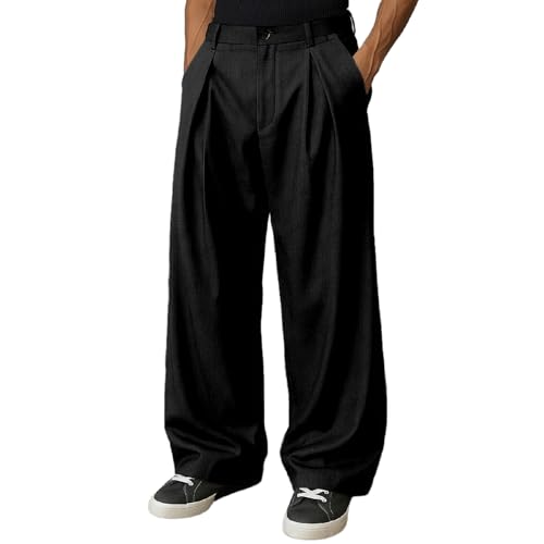 Percle Mens Baggy Casual Dress Pants Lightweight Pleated Wide Leg Pants Loose Relaxed Fit Trousers Black