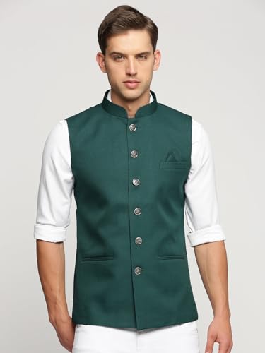 Image of SHOWOFFFF Men Solid Ethnic Nehru Jacket | Mandarin Collar Sleeveless Cotton NehruJacket for Mens | Slim Fit Regular Length NehruJackets for Men's