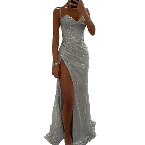 OULIWANGLUO Damen Neckholder Schlitz Lange Abendkleid Sexy Elegant Hochzeit Cocktailkleid Lang Hochzeitsgäste Partykleid Maxi Kleider (Grau,S)